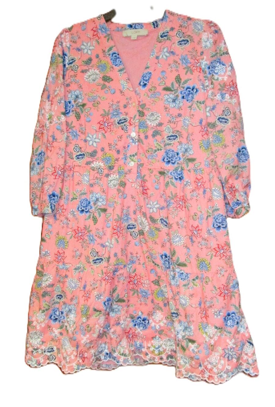 Loft Women's Pink Floral Button Front Dress Size 6 Scalloped Hem Cottagecore